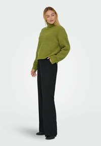 Groene gebreide trui met een hoge hals, lange mouwen en een textuurpatroon, gecombineerd met zwarte wijde broek en zwarte schoenen.