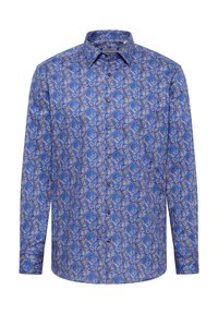Langarmshirt in het blauw met een bloemenpatroon in tinten blauw en tan, met een spits kraag en knoopsluiting aan de voorkant.