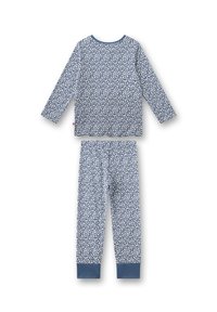 Blaue Pyjama-Set bestehend aus langärmligem Oberteil und passender Hose, gefertigt aus weichem Stoff mit weißem Blumenmuster und kontrastierenden blauen Bündchen.