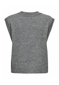 Gilet sans manches en tricot gris avec bords côtelés et encolure ronde, vu de dos sur fond blanc.