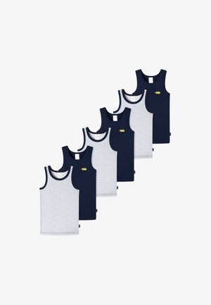 Set di sei canotte in blu navy e grigio a righe. Realizzate in cotone, con scollature rotonde e bordature a contrasto.