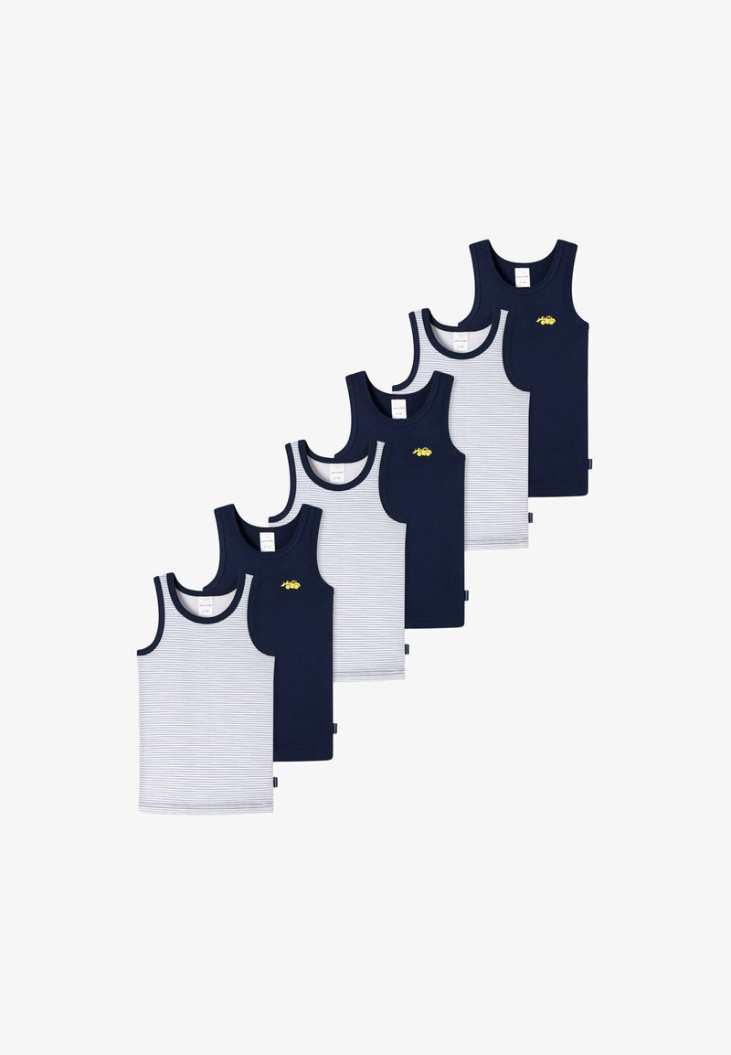 Set of six tank tops in navy blue and gray striped patterns. Made of cotton, featuring round necklines and contrast trim.