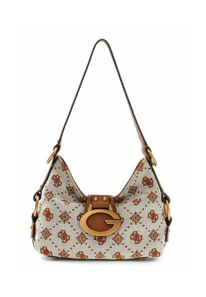 Petit sac à épaule en tissu marron à motifs, avec des accents en cuir, une fermeture à boucle dorée et une seule bandoulière pour le porter.