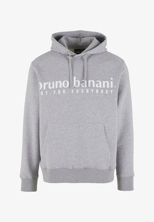 Šedá mikina z měkkého materiálu s přední kapsou a kapucí na šňůrku. Na bílé textu je napsáno "bruno banani NOT FOR EVERYBODY."