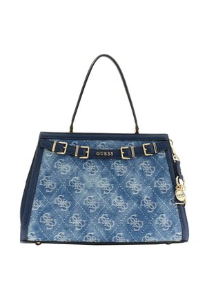 Blaue, gesteppte Denim-Handtasche von Guess mit dunklem Rand, goldenen Schnallendetails, Tragegriff oben und einer Marken-Anhänger an der Seite.