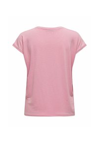 Haut tricoté côtelé rose clair à manches courtes avec un col rond, vu de dos sur un fond blanc.