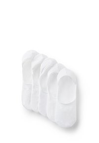 White cotton no-show socks in a pack of five. Each sock has a smooth texture, elastic band, and a rounded toe design.