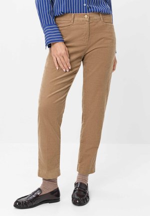 Persona que lleva pantalones de pana marrón claro, calcetines marrón claro, mocasines negros y una camisa azul a rayas, de pie sobre un fondo blanco.