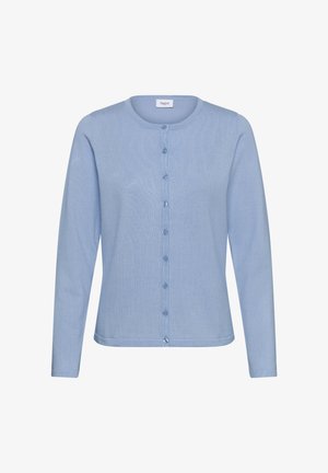 Cardigan bleu clair en matière douce, avec un col rond, des manches longues et une fermeture à six boutons sur le devant.