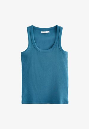 Débardeur turquoise à côtes avec un col rond et de larges bretelles, fabriqué en tissu coton doux, présentant un design uni.