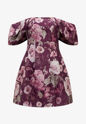 Purple off-shoulder dress with large pink and white floral print and short puffed sleeves, fitted bodice, flared skirt.