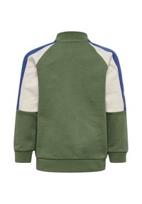 Groene sweatshirt met een hoge kraag, voorzien van blauwe en crèmekleurige raglanmouwen. Zachte katoenstructuur, geribbelde manchetten en zoom.