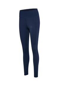 Leggings blu navy realizzati in un materiale elasticizzato e liscio. Vita alta con cuciture piatte e senza motivi visibili o dettagli hardware.