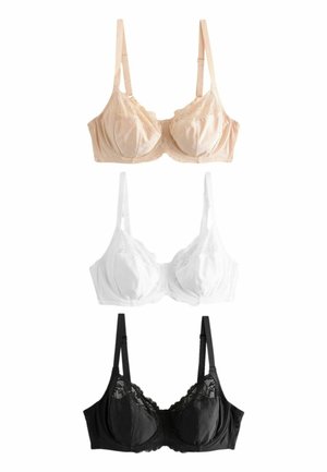 Trois soutiens-gorge avec bordure en dentelle en beige, blanc et noir, disposés verticalement avec des bretelles réglables sur un fond blanc.