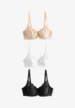Tri podprsenky s čipkovým lemom v béžovej, bielej a čiernej farbe usporiadané vertikálne s nastaviteľnými ramienkami na bielom pozadí.