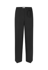 Black, high-waisted trousers with a tie belt detail. Made from smooth fabric, featuring a straight-leg design and two front pockets.