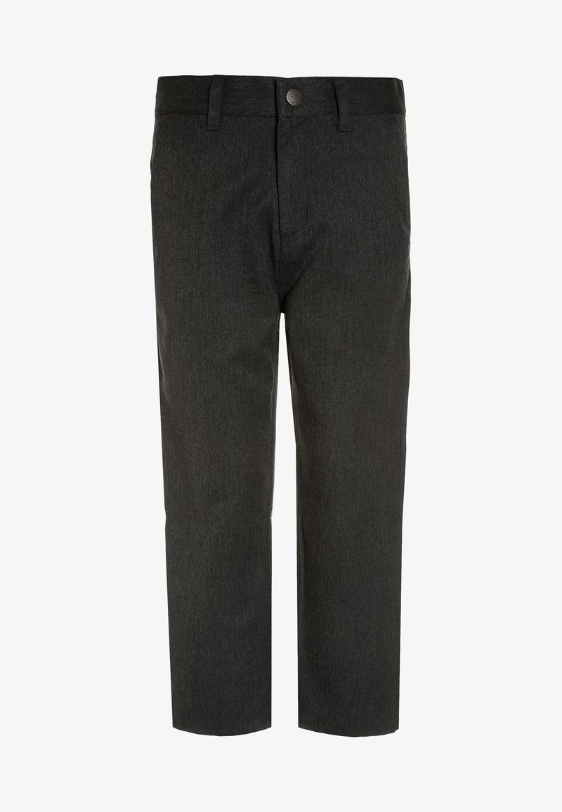 Dark gray trousers made of a textured fabric. Features a front button closure and straight-leg design. No pockets visible.