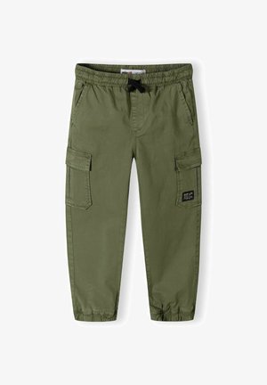 Zielone spodnie cargo wykonane z lekkiego materiału, z elastycznym pasem, sznurkiem do regulacji i wieloma kieszeniami dla maksymalnej użyteczności.