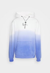 Hooded sweatshirt in gradient white to blue. Cotton material with front pocket, drawstrings, and a black logo on the chest. Soft texture.