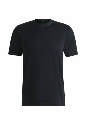 T-shirt a maniche corte blu navy con collo rotondo, realizzato in tessuto morbido, con cuciture a contrasto sul collo e una piccola etichetta con logo.