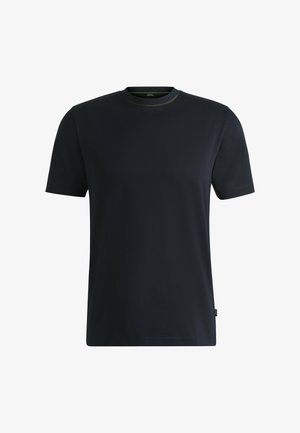 T-shirt a maniche corte blu navy con collo rotondo, realizzato in tessuto morbido, con cuciture a contrasto sul collo e una piccola etichetta con logo.