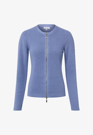 Cardigan tricoté bleu clair avec une fermeture éclair sur le devant, tissu texturé, manches longues, poignets et ourlet côtelés. Présente un col rond.