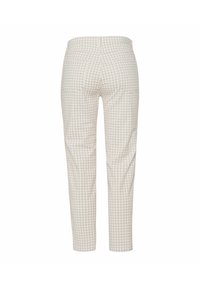 Jasnobeżowe spodnie w kratkę gingham, dopasowany krój, średni stan, dwie tylne kieszenie, wykonane z lekkiego materiału, gładka faktura.