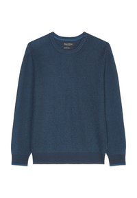 Dunkelblauer, gestrickter Rundhals-Pullover mit gerippter Textur. Er verfügt über lange Ärmel und einen kontrastierenden blauen Akzent an den Bündchen.