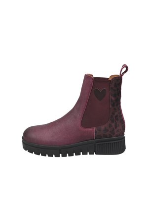 Stivaletto viola alla caviglia con tacco nero con stampa leopardata, pannello laterale elastico con cuore nero e suola spessa nera con battistrada.