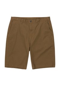 Braune Baumwollshorts mit Reißverschluss, Knopfverschluss, zwei Vordertaschen und gerade geschnittenen Beinen. Dezente Nähte entlang der Nähte.