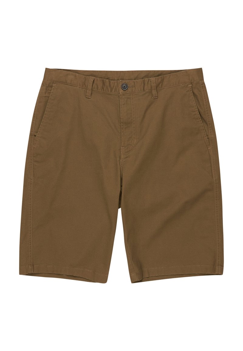Braune Baumwollshorts mit Reißverschluss, Knopfverschluss, zwei Vordertaschen und gerade geschnittenen Beinen. Dezente Nähte entlang der Nähte.