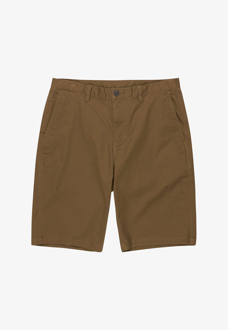 Shorts in cotone marrone con zip sul davanti, chiusura a bottone, due tasche anteriori e gambe dritte. Dettagli di cucitura discreti lungo le cuciture.