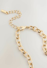 Goldene Kette mit ovalen Gliedern und einem Karabinerverschluss auf einem neutralen Hintergrund.