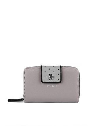 Grey faux leather wallet with a textured finish, featuring a silver snap button closure and dotted flap. "VUCH" logo embossed on the front.