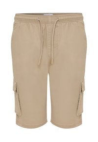 Beige cargo shorts med elastisk talje, snoretræk og sidelommer. Lavet af letvægtsstof med en glat tekstur.