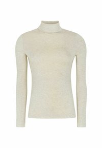 Langärmliges Rollkragenoberteil in hellem Beige, aus einem weich strukturierten Stoff gefertigt. Es hat ein figurbetontes Design ohne sichtbare Muster oder Akzente.