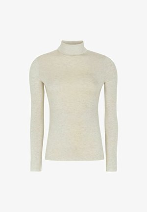 Maglietta a maniche lunghe con collo alto in beige chiaro, realizzata in un tessuto morbido e testurizzato, caratterizzata da un design aderente senza motivi o dettagli visibili.