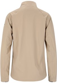 Lys beige vandtæt jakke med høj krave, lange ærmer og slankt design. Har sømdetaljer og minimal hardware.