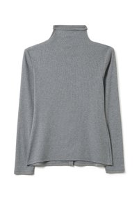 Grau meliertes Langarm-Turtleneck-Oberteil aus weichem, strukturiertem Stoff. Verfügt über einen hohen Kragen und einen geraden Schnitt mit einem leicht abgerundeten Saum hinten.