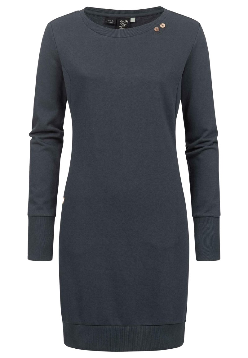 Mörkgrå långärmad klänning med rund halsringning, med två knappproppar vid axeln samt ribbad nederkant och ärmslut. Klassisk passform.