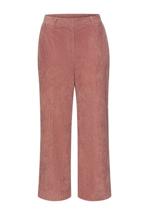 Pink wide-leg corduroy pants with front slit pockets and belt loops, featuring a textured vertical ribbed pattern.