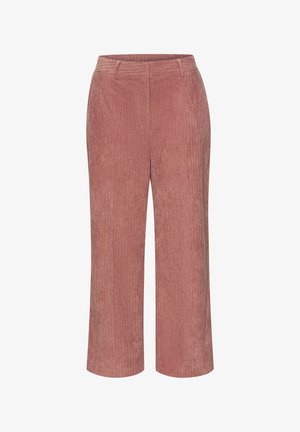 Pink wide-leg corduroy pants with front slit pockets and belt loops, featuring a textured vertical ribbed pattern.