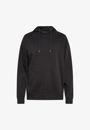 Schwarzer Kapuzenpullover aus weichem Material, mit Kängurutasche, gerippten Bündchen und verstellbaren Kordeln mit metallischen Enden.