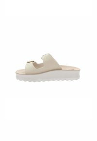 Infradito beige con due larghe cinghie, superficie testurizzata e suola bianca ondulata. Presenta accessori in tonalità oro vicino alle cinghie.
