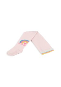 Collants roses avec un motif arc-en-ciel composé de rayures bleues, jaunes et roses. Le bas présente un accent à rayures multicolores. Texture lisse.