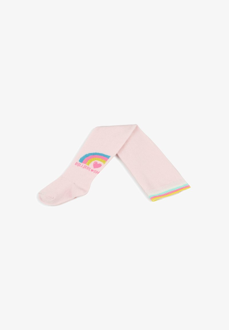 Collants roses avec un motif arc-en-ciel composé de rayures bleues, jaunes et roses. Le bas présente un accent à rayures multicolores. Texture lisse.