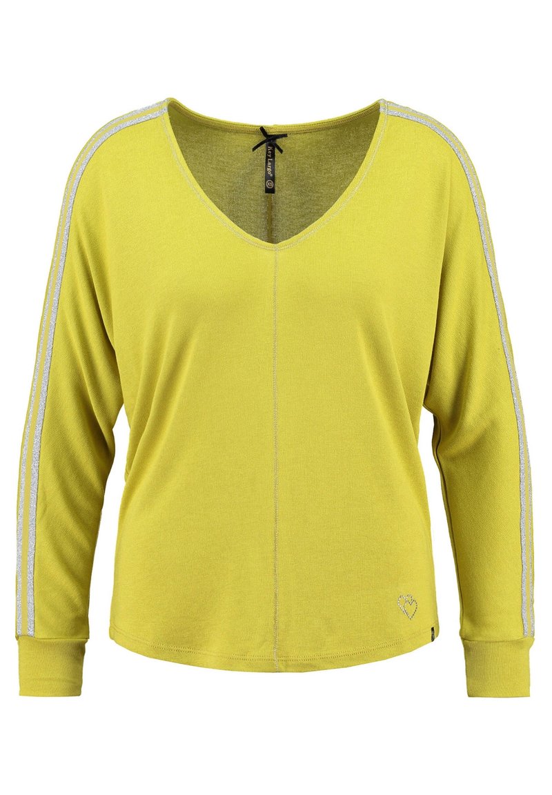 Long-sleeve yellow top made of a textured fabric, featuring a V-neck, silver side stripes, and a small heart detail at the hem.