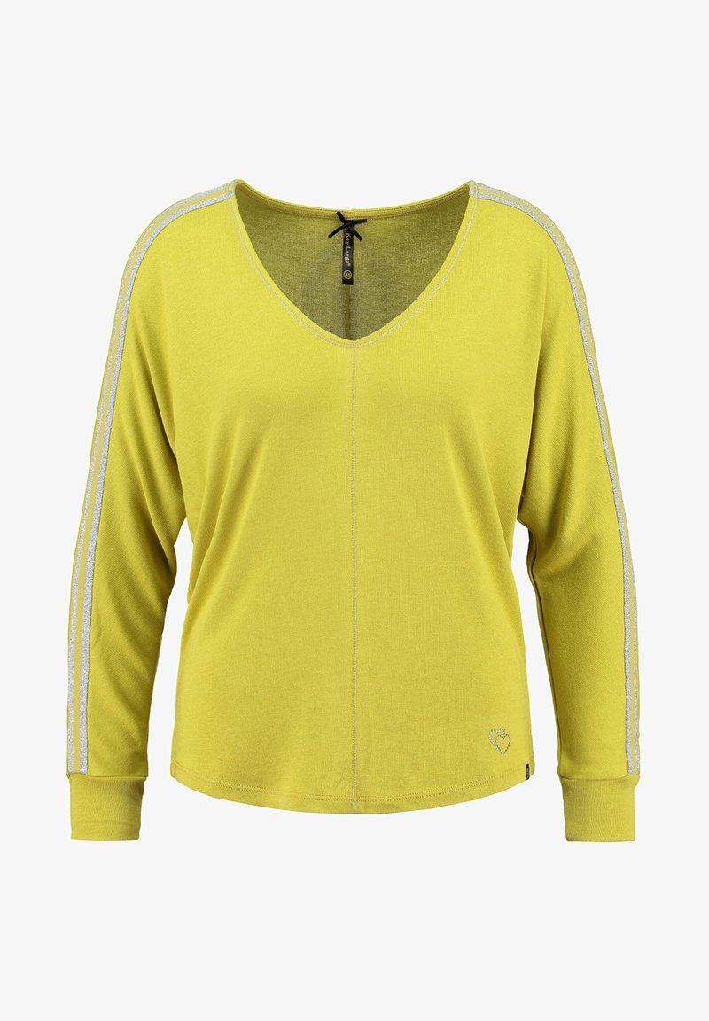 Long-sleeve yellow top made of a textured fabric, featuring a V-neck, silver side stripes, and a small heart detail at the hem.