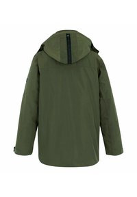 Olijfgroene jas met capuchon en lange mouwen, verstelbare manchetten en een verticale zwarte streep op de capuchon, gezien van achteren.