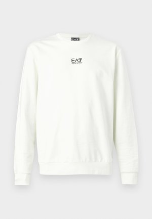 White crewneck sweatshirt made of cotton, featuring a small black EA7 logo on the chest, with ribbed cuffs and hem for fit.